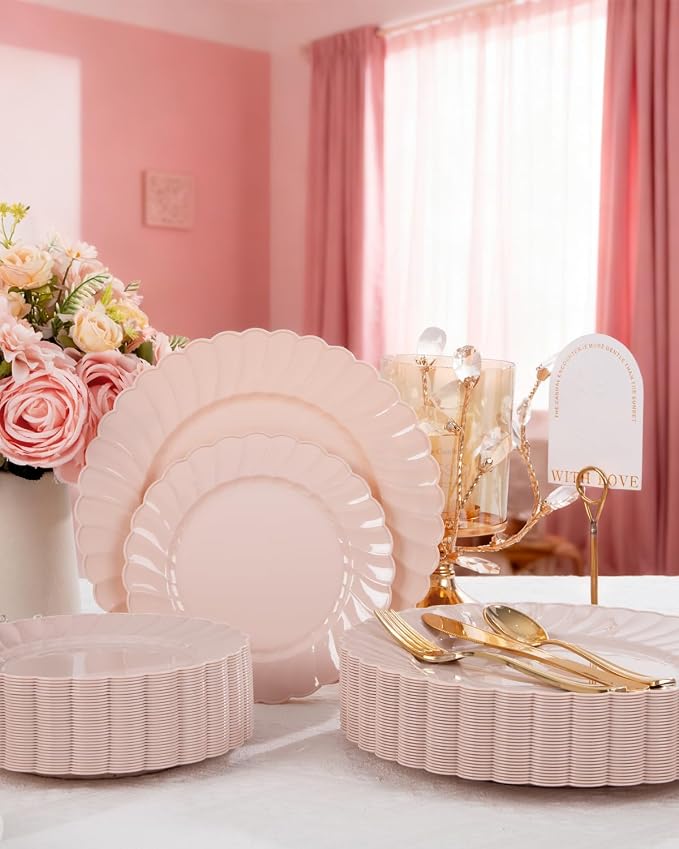YOUBET 100PCS Pink Scalloped Plastic Plates