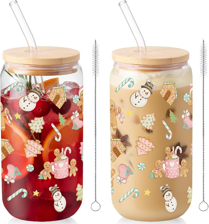 Sliner 2 Pcs Gingerbread Glass Cups Summer Christmas Tumbler