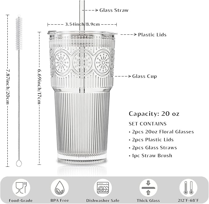 INSETLAN 20oz Ribbed & Floral Glass Tumblers