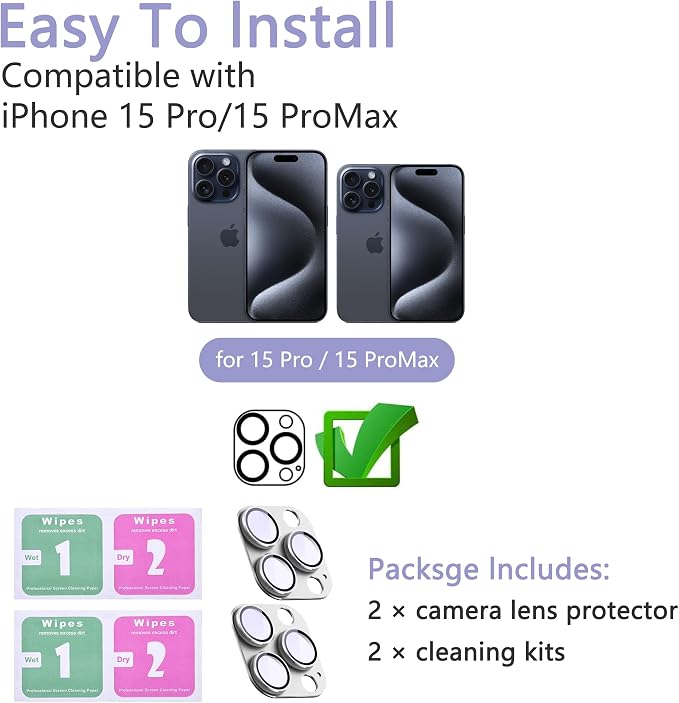 2 Pack Camera Lens Protector for iPhone 15 Pro/iPhone 15 Pro Max, AR Tempered