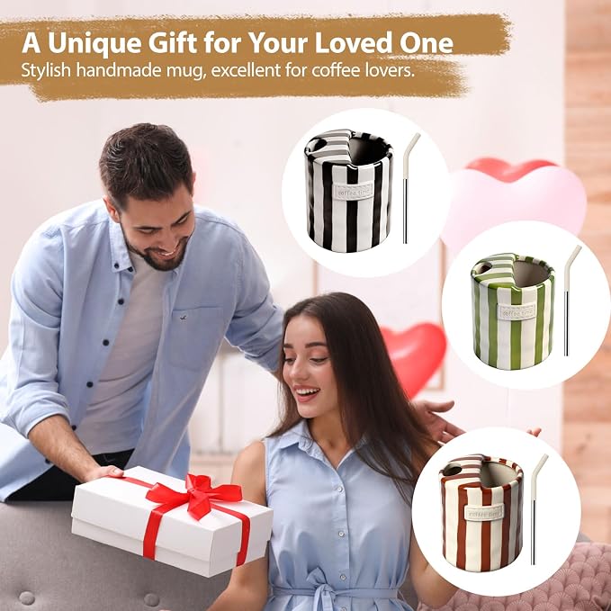 Ceramic Coffee Mug with Sip Hole, 10oz Retro Striped Coffee Cups, Cute Ceramic