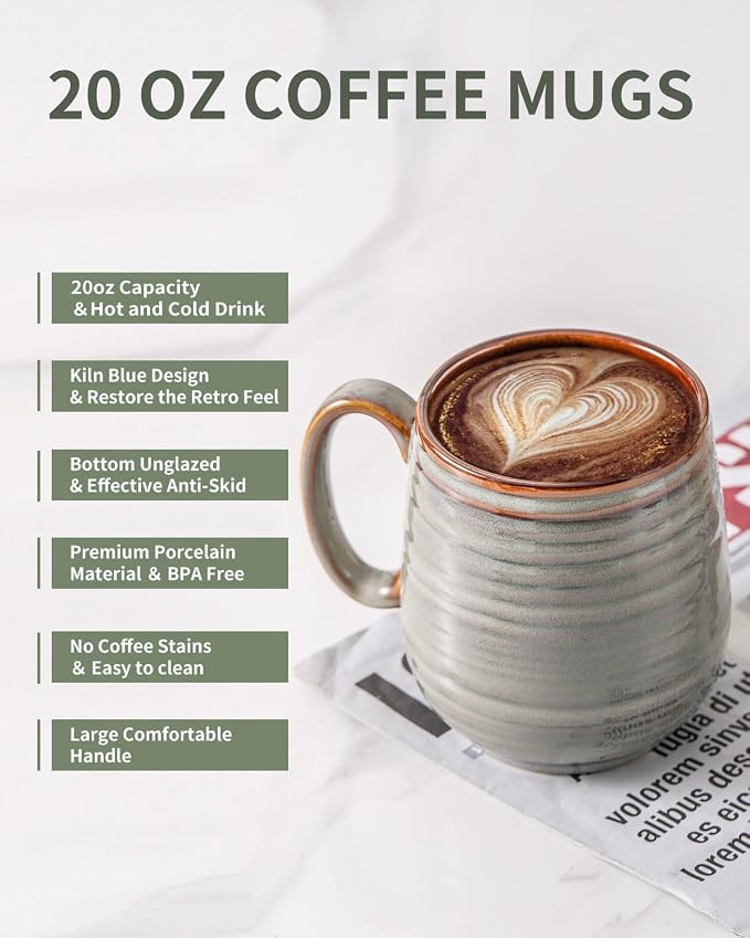 HASENSE 20 Oz Coffee Mugs Set of 2, Porcealin Large Coffee Cups