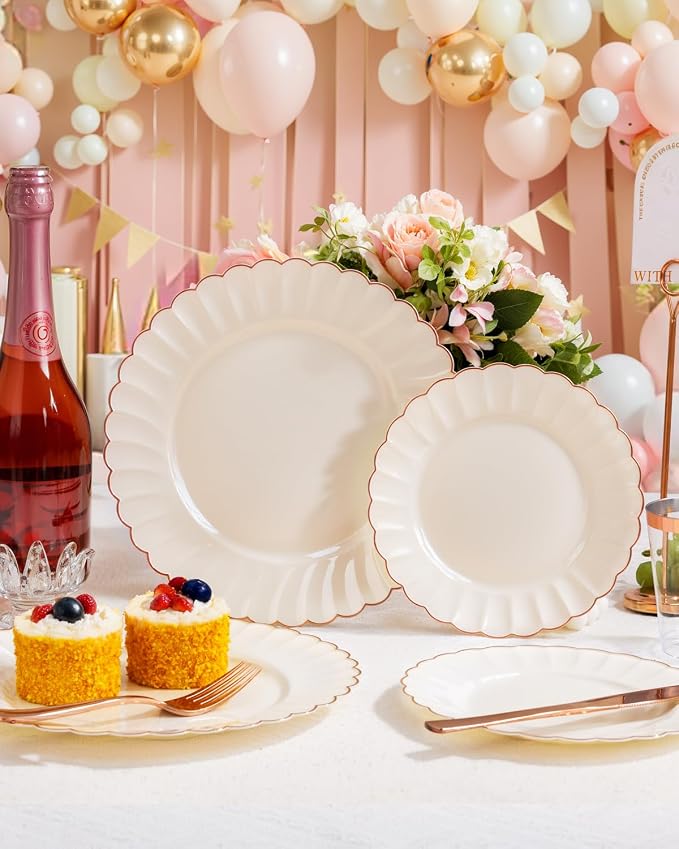YOUBET 175PCS Ivory Scalloped Plastic Plates