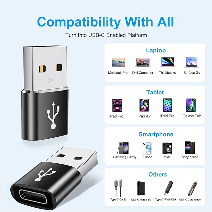 USB to USB C Adapter 8 Pack, USB to Type C Adapter, USBA Charger Type-C Fast