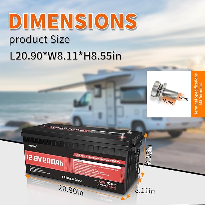 2 pack Dumfume 12V 200Ah LiFePO4 Lithium Battery, 2560Wh Energy, 1280W Load