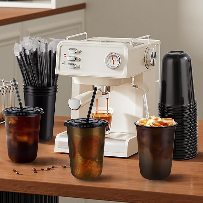 tchrules 100 Set 16oz Black Round Bottom Plastic Cups