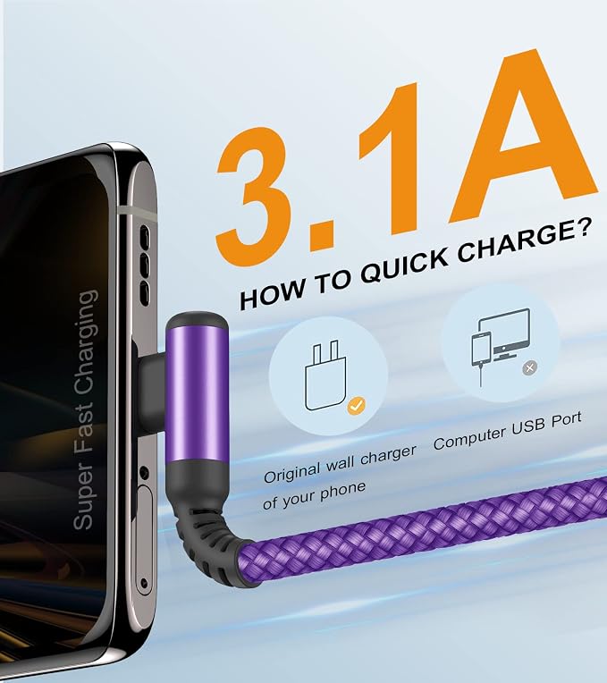 sweguard USB C Cable Right Angle, USB Type C iPhone 16 Charger Cable Nylon