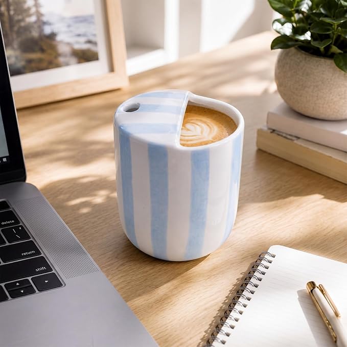 Ceramic Coffee Mug with Sip Hole 10 oz Retro Espresso Cup with Half Lid Hand