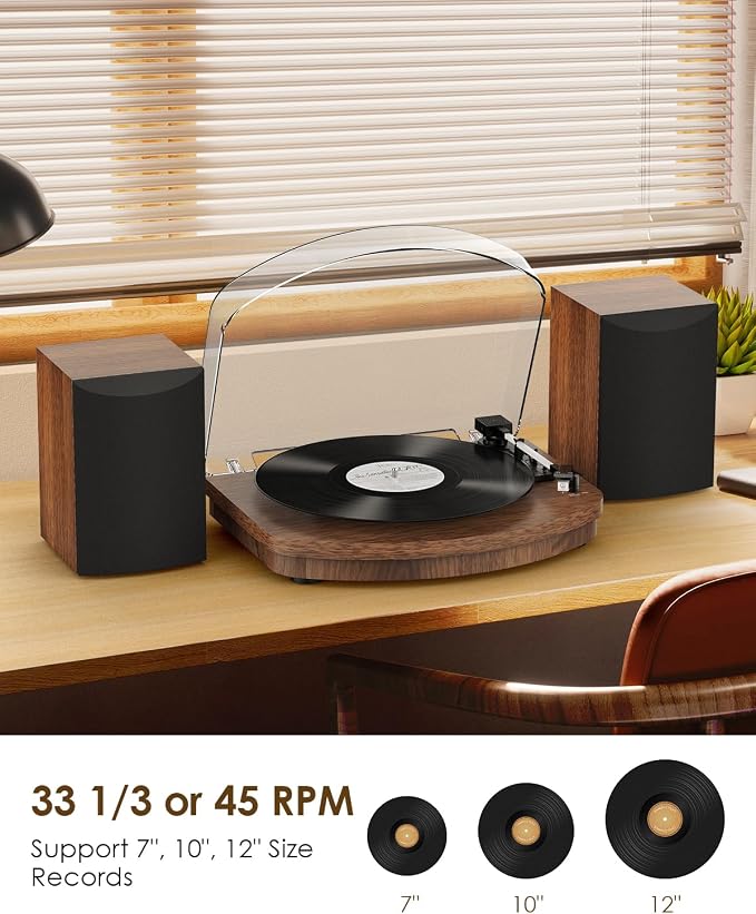 Vinyl Record Player with Dual Stereo Speakers, Belt Drive Turntable with