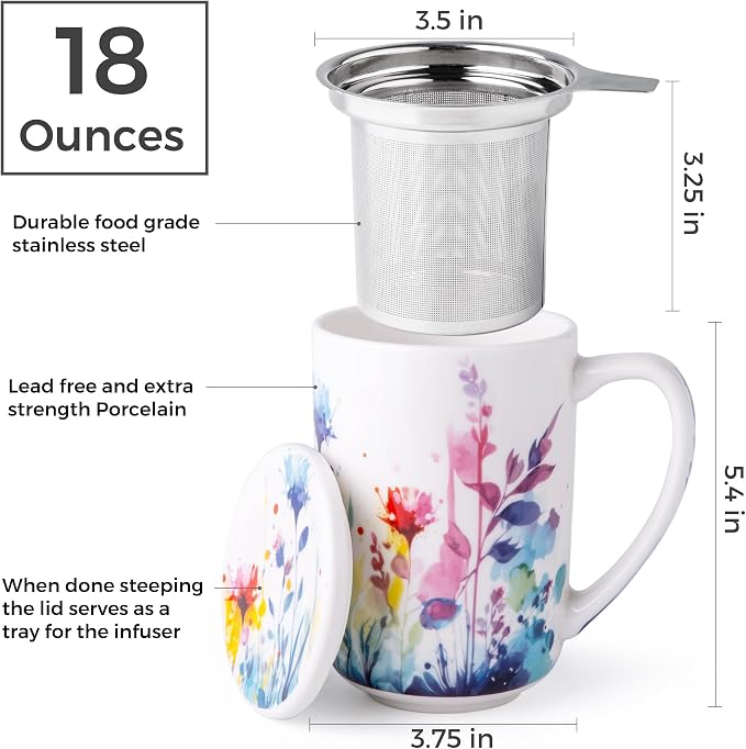 AmorArc Tea Cup With Infuser and Lid, 18oz Loose Leaf Tea Mug With Steeper |