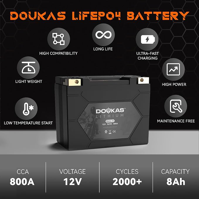DKL30 800A LiFePO4 Motorcycle Lithium Battery, 12V 8Ah Powersports Battery