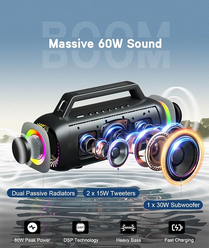Ortizan Portable Bluetooth Speaker Loud, 80W Peak, Bass Up, 20H Playtime
