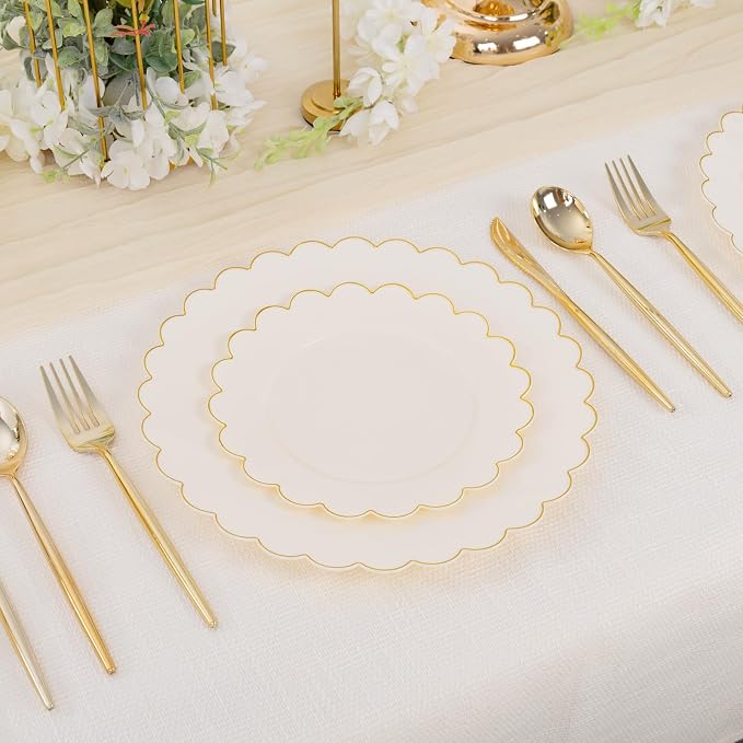 100pcs Scalloped Ivory Gold Plastic Plates, Elegant Party Plates | Includes 50