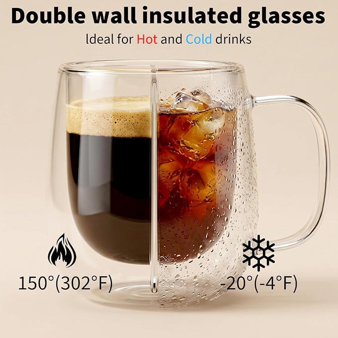 6 Pack Double Wall Glass Mugs 12 oz, Insulated Clear Coffee Cups