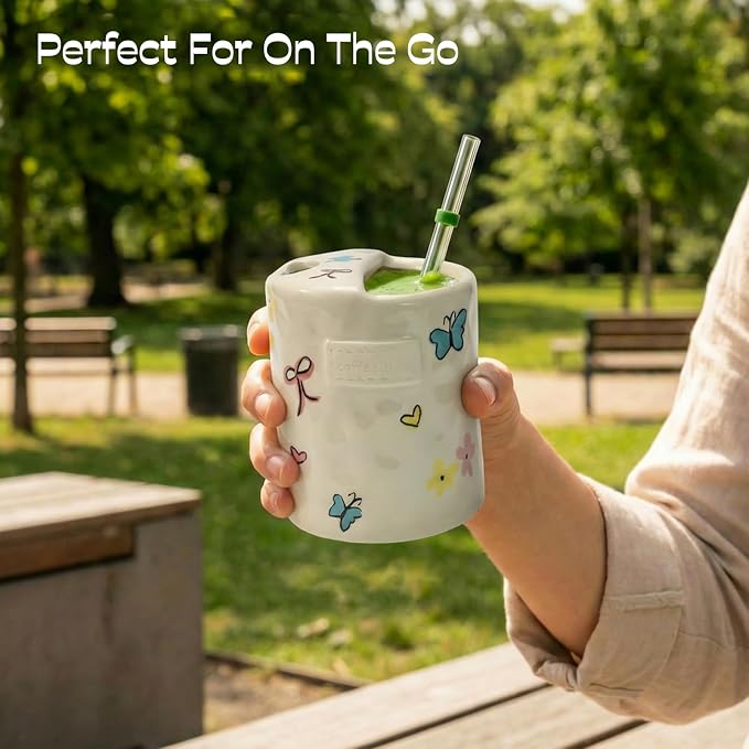 Ceramic Travel Mug with Half Lid, Handmade Butterfly Pottery Mug, Ceramic