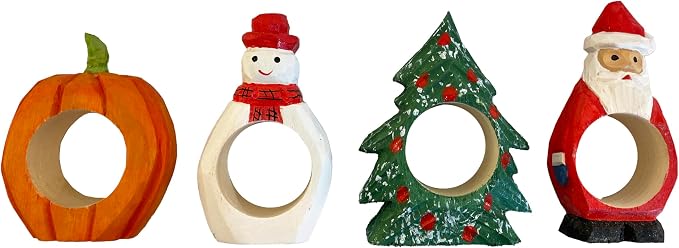 Set of 4 Hand-Carved Wooden Holiday Napkin Rings, Christmas Tree, Pumpkin &