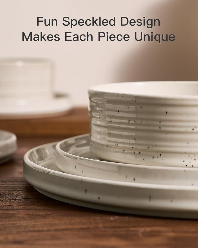Stoneware Dinnerware Sets for 4, Reactive Glaze Plates & Bowls, Shell Beige |