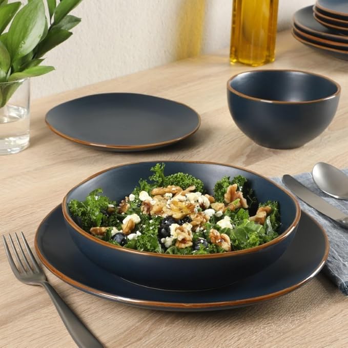 Gibson Home Hazeltine 16-Piece Navy Blue Stoneware Dinnerware Set – Plates and