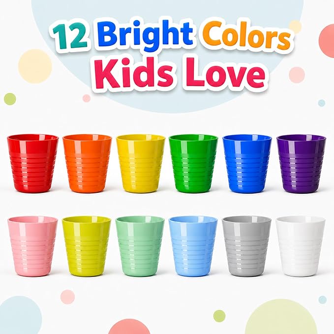 Set of 12 Kids Cups, 8 oz Unbreakable Toddler Cups, Mixes Colors | BPA free