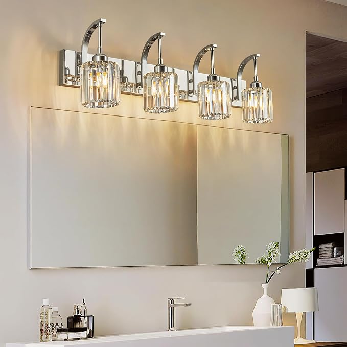 4-Light Crystal Vanity Light, Modern Chrome Bathroom Wall Sconce