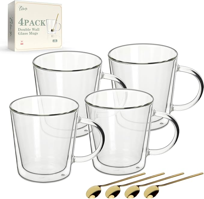 LIBWYS 12oz Double Wall Glass Coffee Mugs, Cappuccino Latte Tea Cups