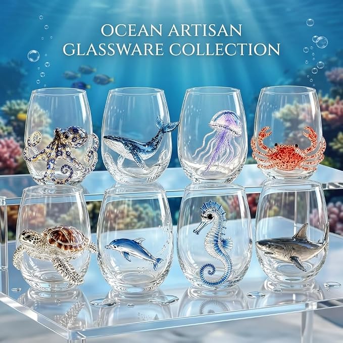 Artisanal Blue Ringed Octopus Glassware, 3D Ocean Glass Wine Glass，Jellyfish |