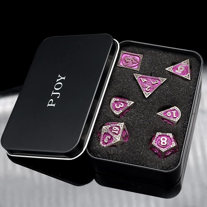 PJOY Metal DND Dice Set with Dice Case Antique Silver Purple Dragon D&D