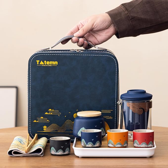 Portable Gongfu Tea Set with Travel Case, Ceramic Tea Set with Glass Teapot