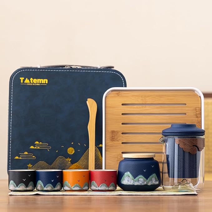 Portable Gongfu Tea Set with Travel Case, Ceramic Tea Set with Glass Teapot