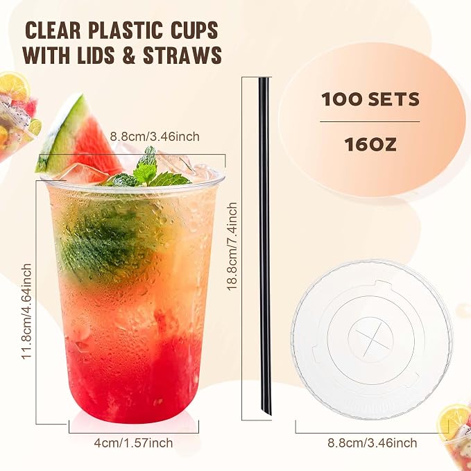 tchrules 100 Set 16oz Clear Round Bottom Plastic Cups