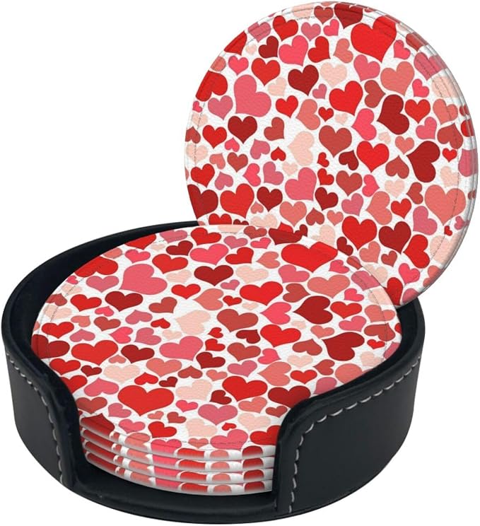 Drink Coasters with Holder Stand Set of 6, Heart Shaped Decoration Pu Leather