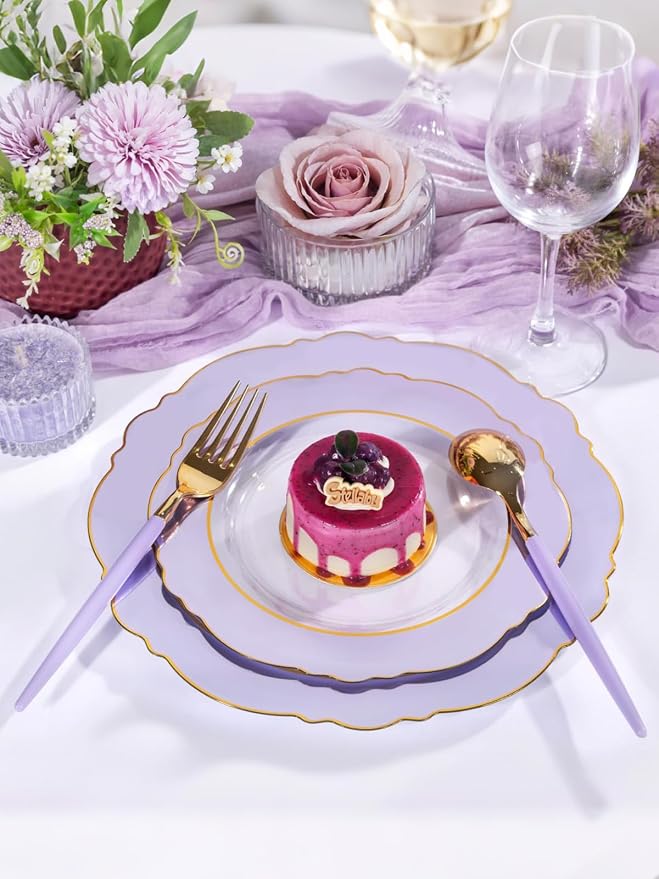 60pcs Clear Purple Plates Disposable