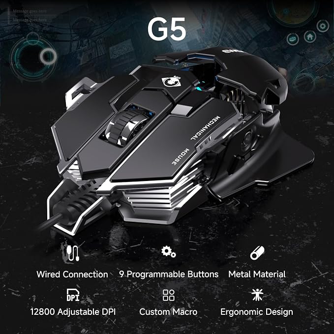 EWEADN G5 Wired Gaming Mouse, Ergonomic RGB Computer Mouse, 12800 Adjustable DPI