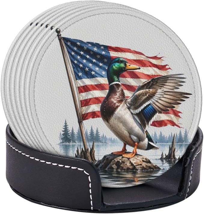 Patriotic Americana Hunting Mallard Duck Leather Coasters Set of 6