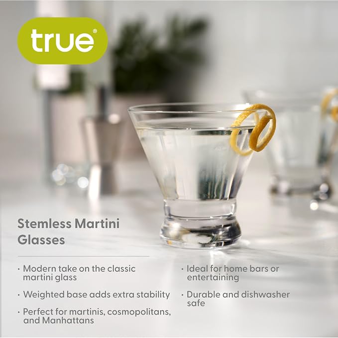 True Stemless Martini Glasses, 8 oz Modern Cocktail Glasses