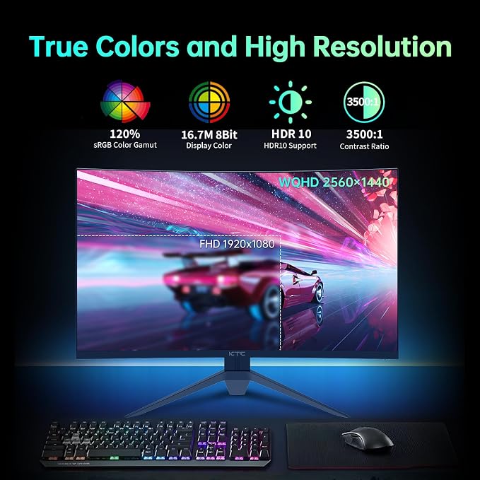 KTC 32 inch Curved Gaming Monitor, 180Hz 1ms MPRT, 2K 1440P 144Hz Monitor