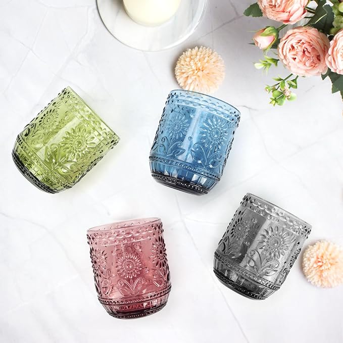 Topsky Vintage Drinking Glass Set of 4, 12 oz Embossed Floral Drinkware Set