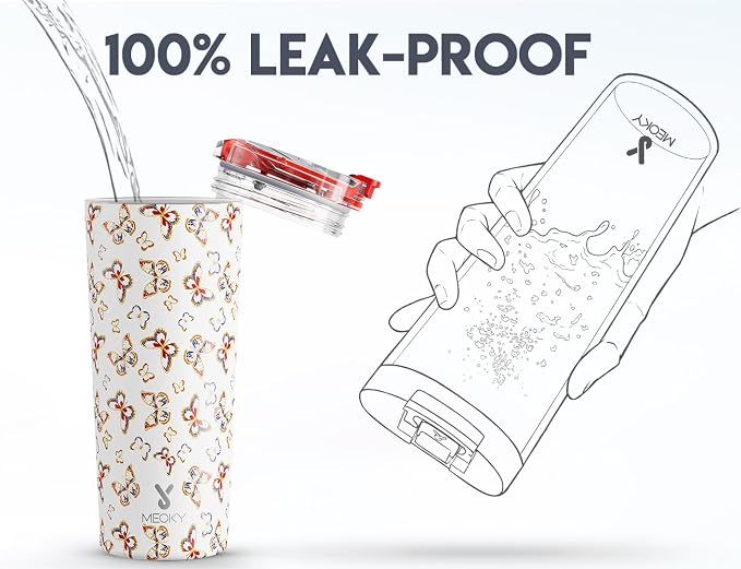 Meoky 24 oz Insulated Travel Coffee Mug: Leak Proof Lid, Jewel Butterfly |