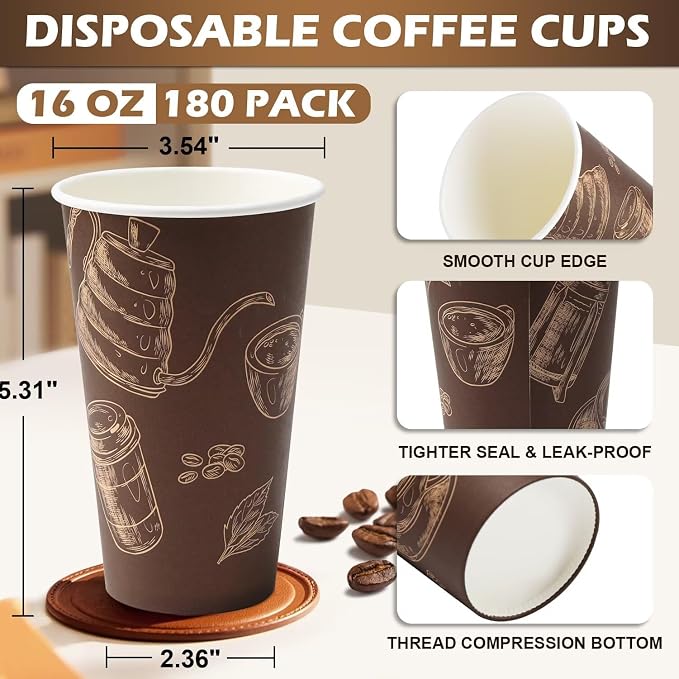 Coffee Cups 16oz 180 Pack Disposable Paper Cup Durable Drinking Cup | Paper Cups