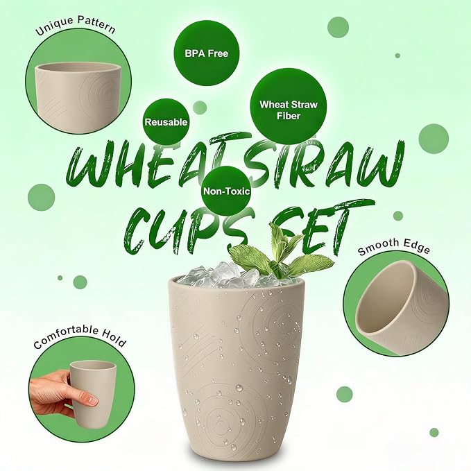 Unbreakable Wheat Straw Cups, Alternative to Plastic Cups Set 6 PCS, 16 OZ