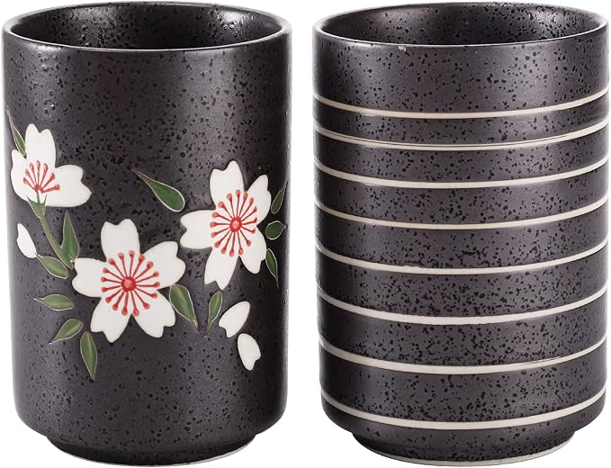 Hedume Set of 2 Japanese Tea Cups, 10oz Ceramic Teacup Mug, Japanese Cherry