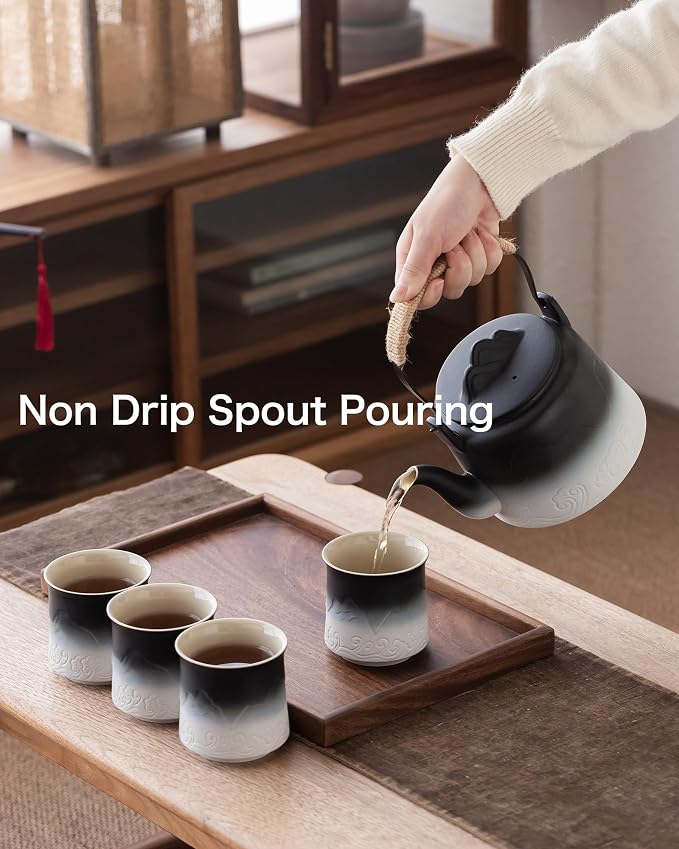 ZENS Japanese Tea Set with 4 Cups, 33.8oz Ceramic Infuser Pot