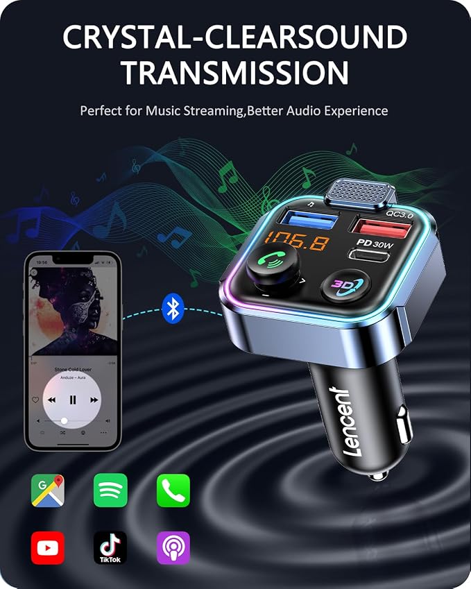 LENCENT Bluetooth 5.3 FM Transmitter, Wireless Radio Adapter Car Kit