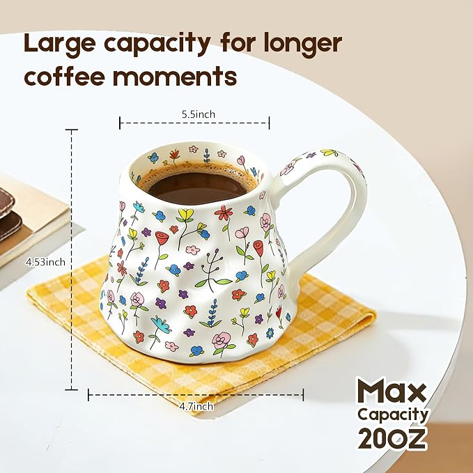 Large Coffee Mug 20 oz, Oversized Cute Floral Ceramic Mug, Big Coffee Mugs