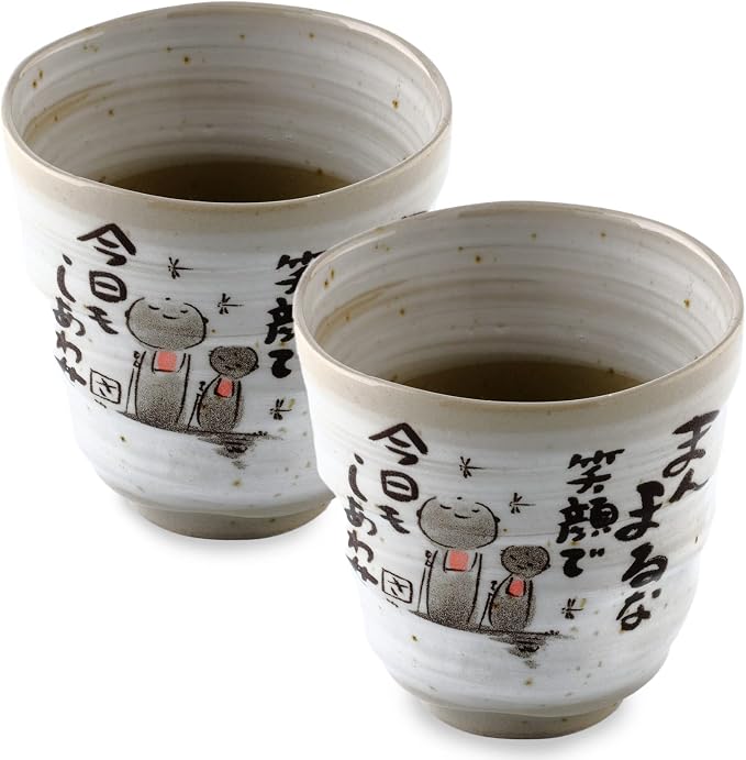 Japanese Tea Cups Handleless Coffee Mugs Jizo Statue Design 6.4 oz Set of 2 |