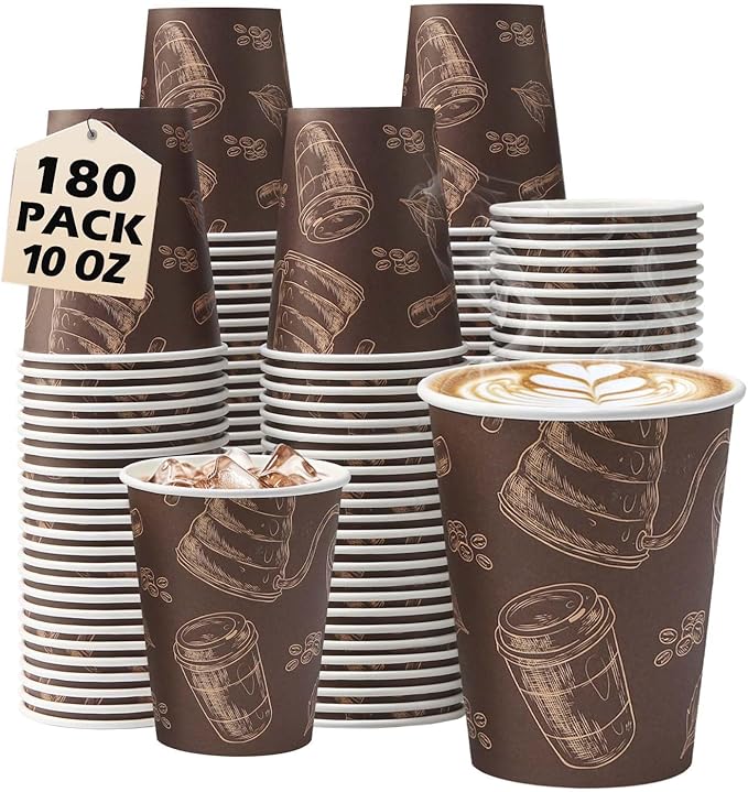 10 oz 180 Pack Disposable Paper Coffee Cups Hot/Cold Drinking Cups | Brown