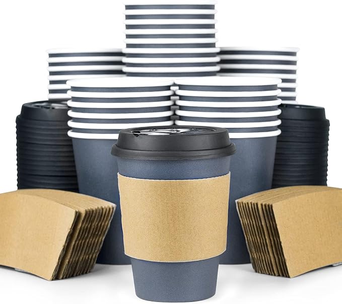 Disposable Coffee Cups With Lids and Sleeves, 12 oz