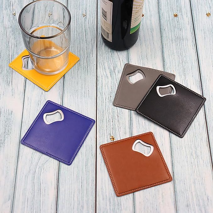 PU Leather Drink Coaster with Bottle Opener Stainless Steel Bartender Beer