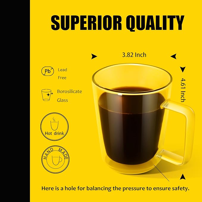 PunPun 16oz.480ml Clear Glass Mugs Large Coffee Mugs, Jumbo Insulated Double