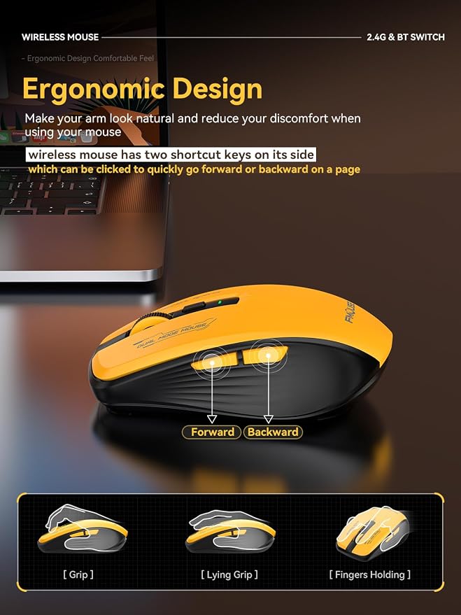 Wireless Mouse with Forward/Backward Side Keys, Silent Click, Ergonomic